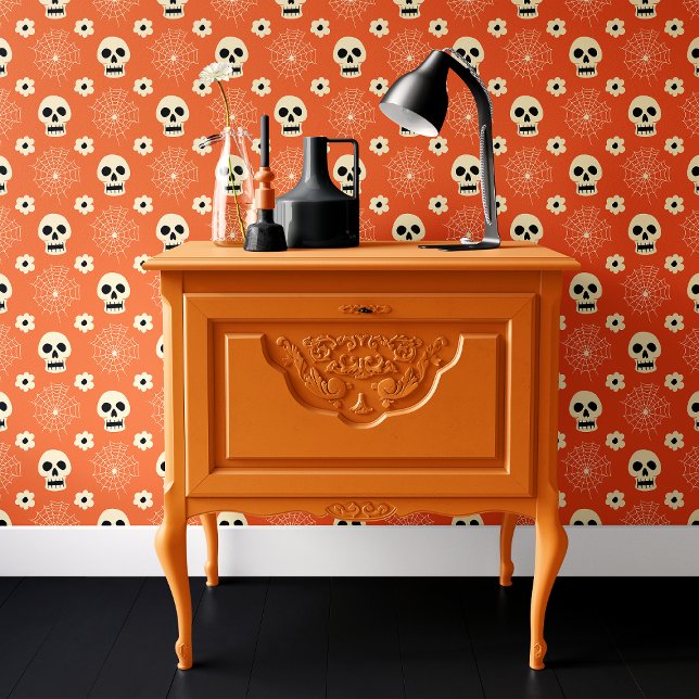 Papier Peint Halloween Orange Crâne et Araignée Web (Créateur téléchargé)