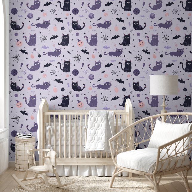 Papier Peint Halloween Purple chat noir (Enfants)