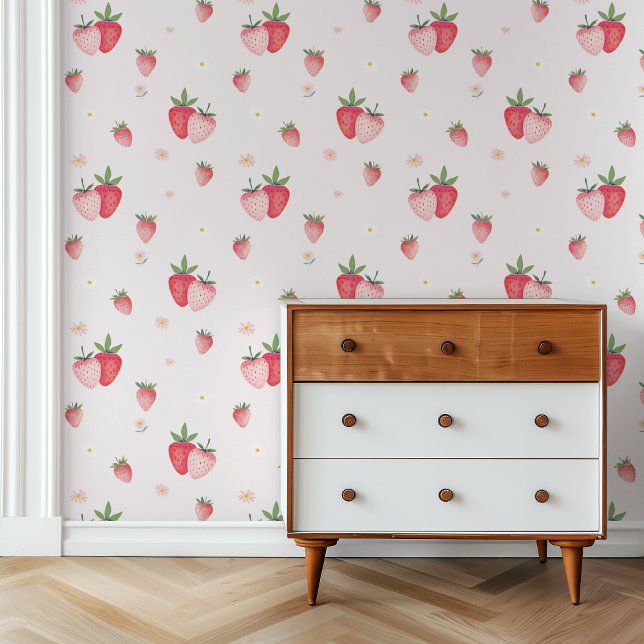 Papier Peint HEIDI Cute Rose Boho Strawberry Baby Girl Nursery (HEIDI Cute Pink Boho Strawberry Baby Girl Nursery Wallpaper)