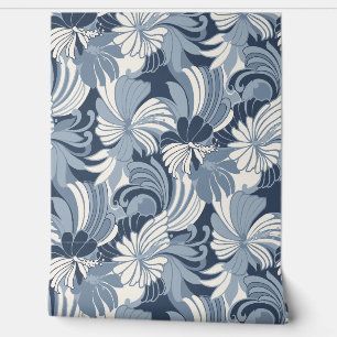 Papier Peint Hibiscus Jungle Hawaiian Tropical Floral - Denim