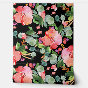 Papier Peint Hibiscus rouge Eucalyptus Vert sur Noir