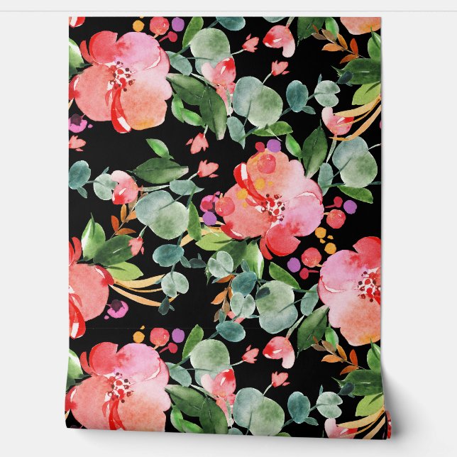 Papier Peint Hibiscus rouge Eucalyptus Vert sur Noir (Déroulement)