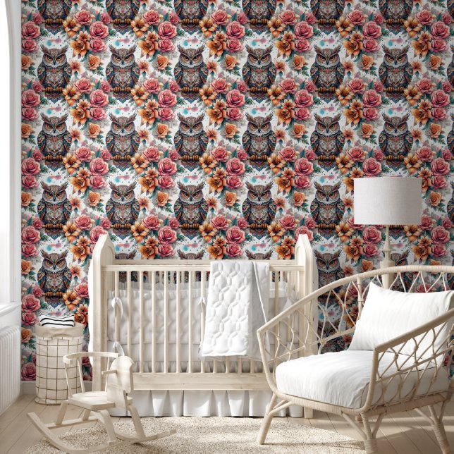 Papier Peint Hiboux de rêve et élégance florale (Enfants)