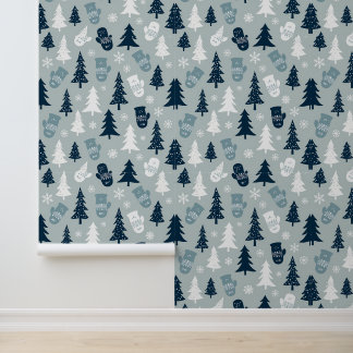 Papier Peint Hiver Mittens et Pine Trees Motif