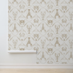 Papier Peint Homards et crabes côtiers preppy en beige sableux