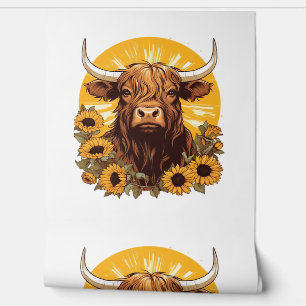 Papier Peint Illustration d'une vache des Highlands avec Sunflo