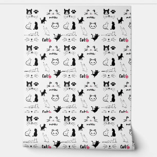 Papier Peint Illustrations De Chats Et De Pâtes Noirs Et Blancs