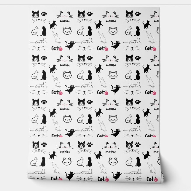 Papier Peint Illustrations De Chats Et De Pâtes Noirs Et Blancs (Déroulement)