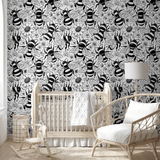 Papier Peint Illustré Motif d'abeille noir et blanc Tableau