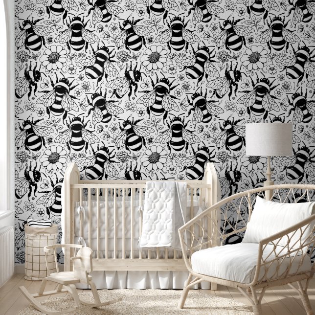 Papier Peint Illustré Motif d'abeille noir et blanc Tableau (Enfants)