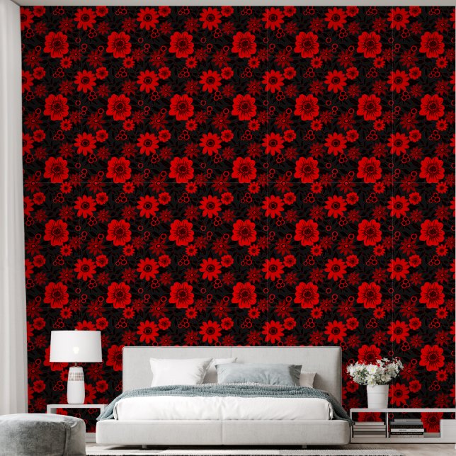 Papier Peint Imaginaire Floral Jungle rouge et noire (Chambre à coucher)