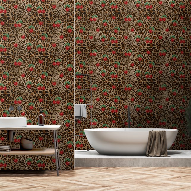Papier Peint Impression d'animal Léopard Guépard à motif Cerise (Salle de bain)