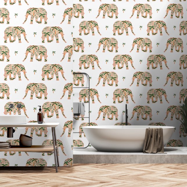 Papier Peint Indian Floral Paisley Ornate Elephants (Salle de bain)
