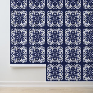 Papier Peint Indigo Motif de carreaux méditerranéens bleu et bl