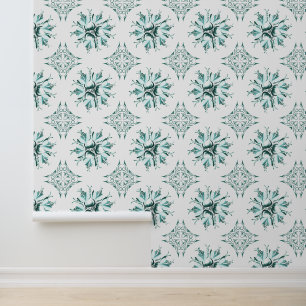 Papier peint Inky Floral   Blanc vert Turquoise