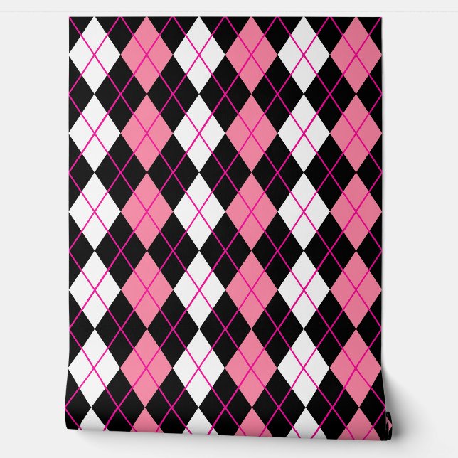 Papier Peint Jacquard rose noir blanc Diamant Design (Déroulement)