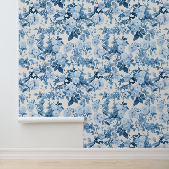 Papier Peint Jardin botanique Vintage Rose Bleu (Application)