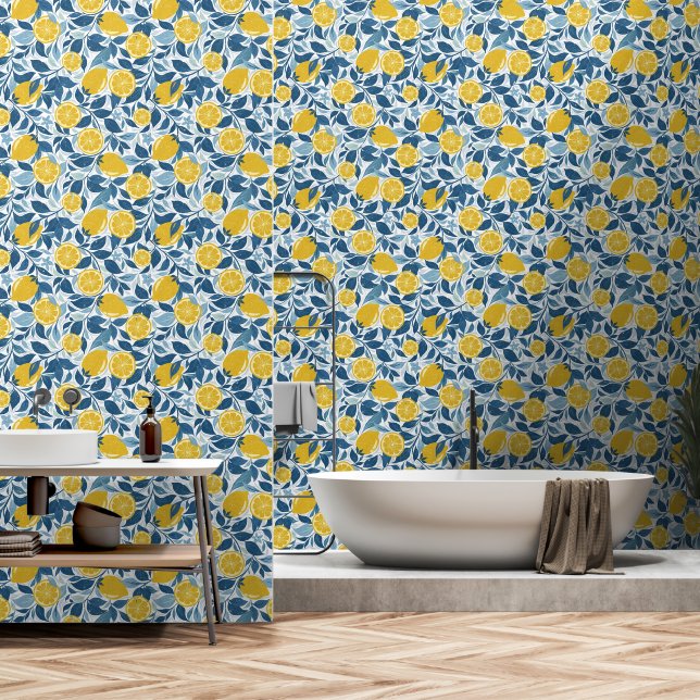 Papier Peint Jardin de citron vert - Jaune clair et bleu (Salle de bain)