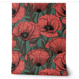 Papier Peint Jardin de coquelicot dans le corail, brun et vert 