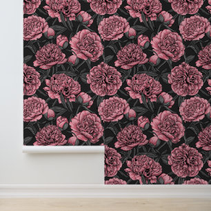 Papier Peint Jardin de pivoine nocturne rose et gris