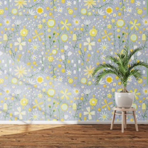 Papier Peint Jardin fleur sauvage Bleu Jaune Floral