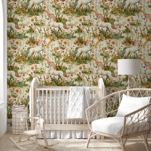 Papier Peint Jardin Unicorne sur blanc (Enfants)