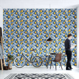 Papier Peint Jaune Citron Rafraîchissant Feuilles Bleues Autoco