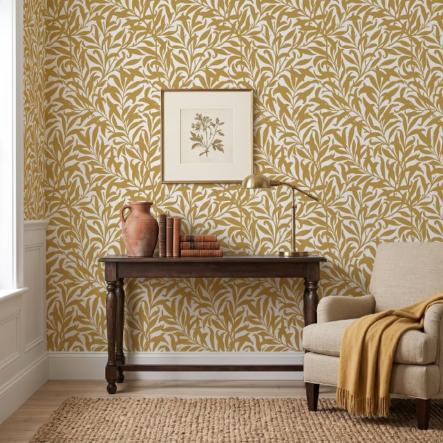 Papier Peint Jaune Moutarde et Branche de Saule Blanc (Créateur téléchargé)