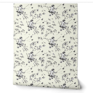 Papier Peint Joli Ange Cupidon Vintage Floral Toile Noir Ivoire