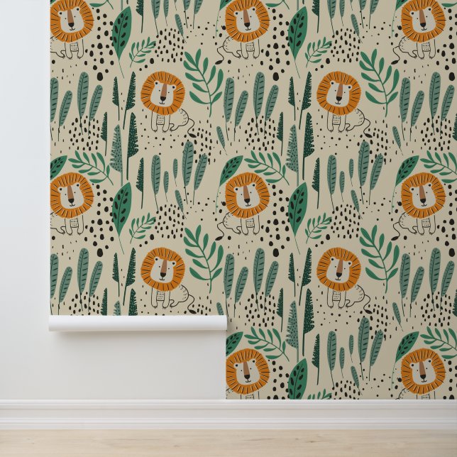 Papier Peint Joli Doodle Lion Jungle Rainforest Motif (Application)
