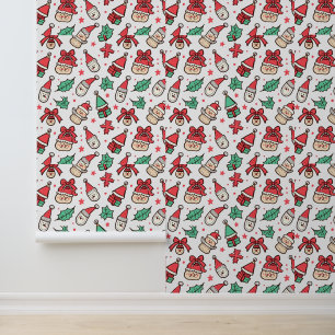 Papier Peint Joli Noël Doodles Motif avec chapeaux de Père Noël