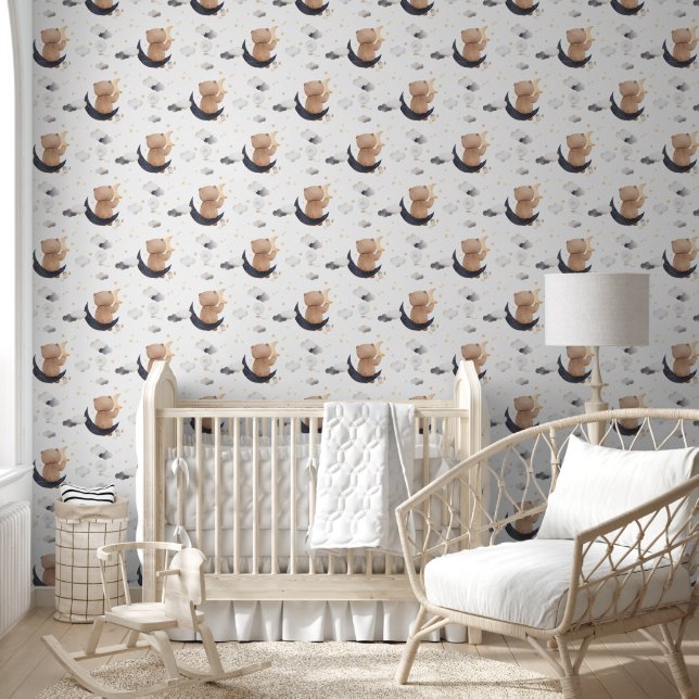 Papier Peint Joli ours en peluche assis sur la lune pour une nu (Enfants)