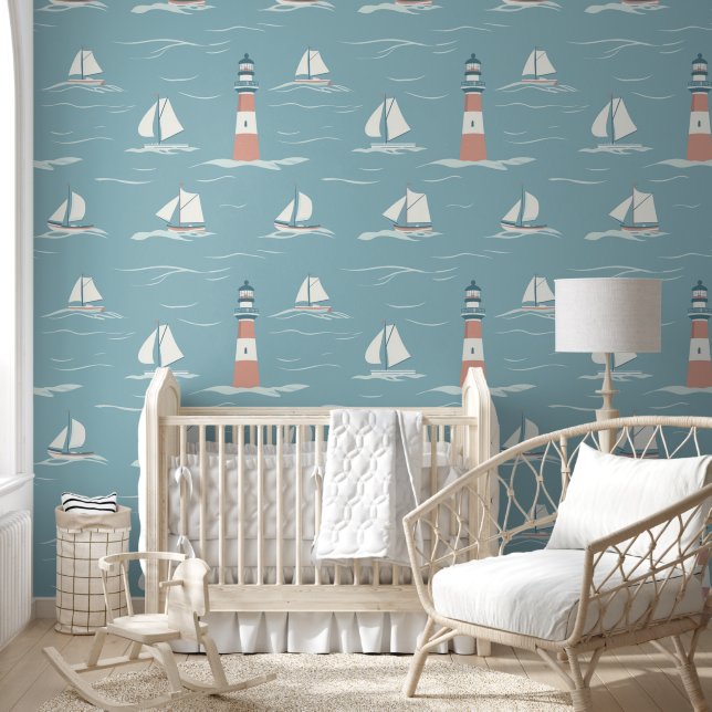 Papier Peint Joli phare/Voiliers/Bleu (Enfants)
