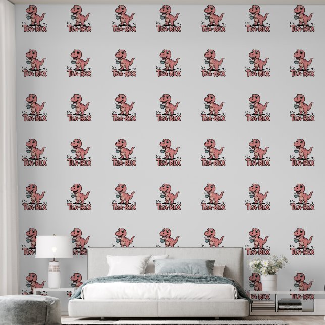 Papier Peint Joli Thé-Rex Rose Dinosaure – Le Thé Arrive ! (Chambre à coucher)
