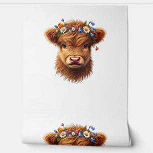 Papier Peint Jolie Bébé Vache Highland Avec Couronne De Fleurs 