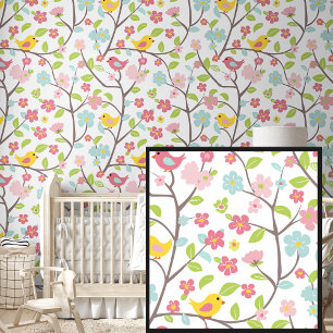Papier Peint Jolies fleurs de printemps Oiseaux Rose Vert Jaune