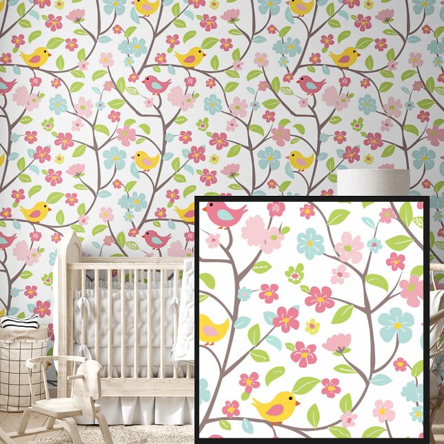 Papier Peint Jolies fleurs de printemps Oiseaux Rose Vert Jaune (Créateur téléchargé)