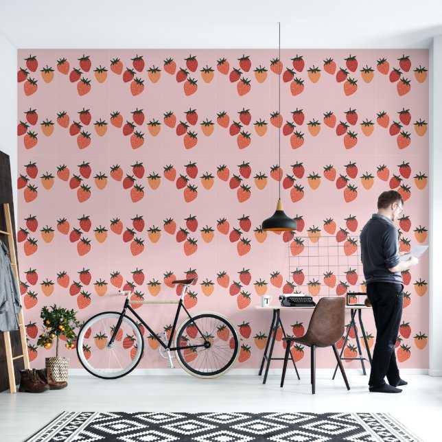 Papier Peint Jolies fraises sur rose poudré (Salon)