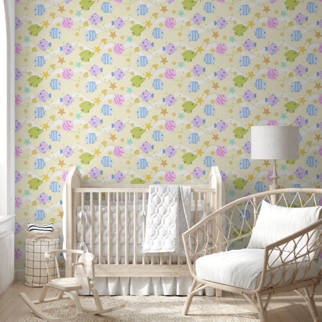 Papier Peint Jolis poissons pastel jaune (Enfants)
