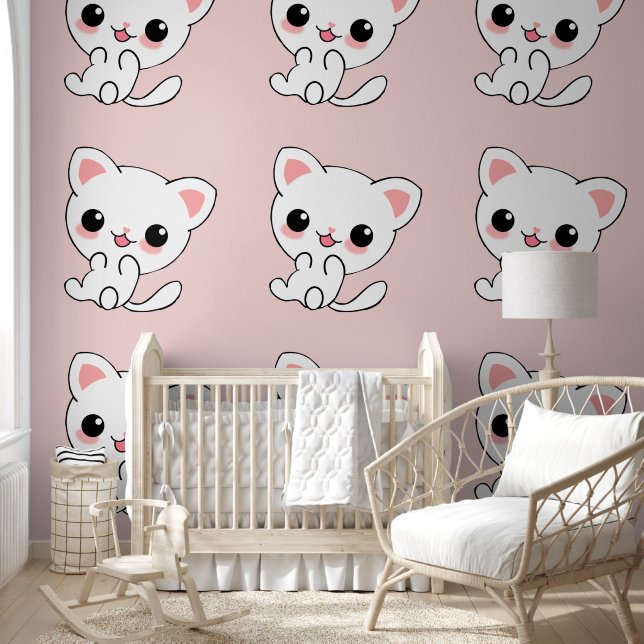 Papier Peint Jouer Kawaii Kitten blanc sur rose (Enfants)