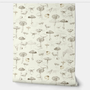 Papier Peint Jouer Vintage Forêt Beige Champignons Motif