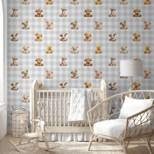 Papier Peint Jouets d'animaux de ferme farcis Gris Plaid Baby N
