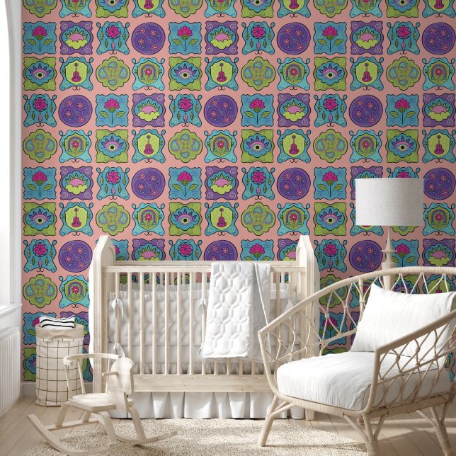 Papier Peint Joyau Whimsical Tones à main dessinée pêche Boho (Enfants)