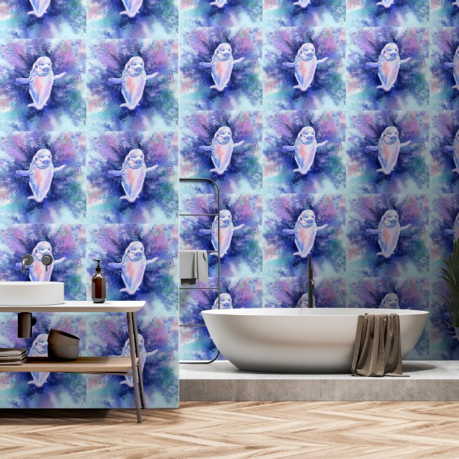 Papier Peint Joyeuse béluga baleine natation (Salle de bain)