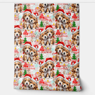 Papier Peint Joyeux Noël Chapeau de Père Noël Chien Design - Bl