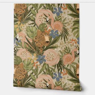Papier Peint Jungle neutre Cheetah et Flamant rose Floral