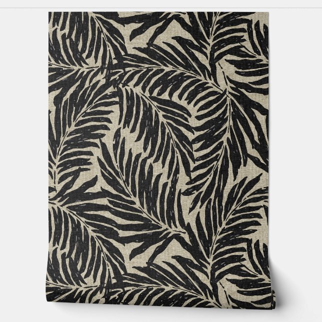 Papier Peint Kahanu Palms Hawaiian Faux Linen Texture - Noir (Déroulement)