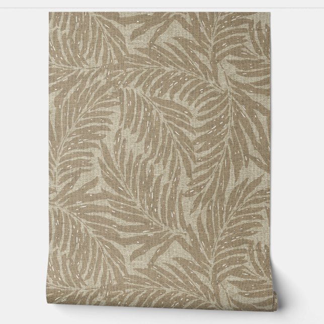 Papier Peint Kahanu Palms Hawaiian Faux Linen Texture - Taupe (Déroulement)