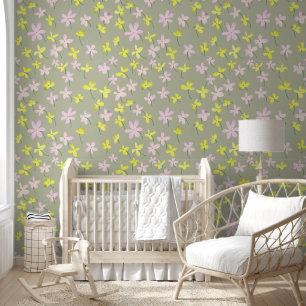 Papier Peint Kaki D'Olive Pale Sage Beige Jaune Rose Floral Nur