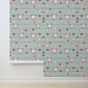 Papier Peint Kawaii Chat et motif floral sur bleu
